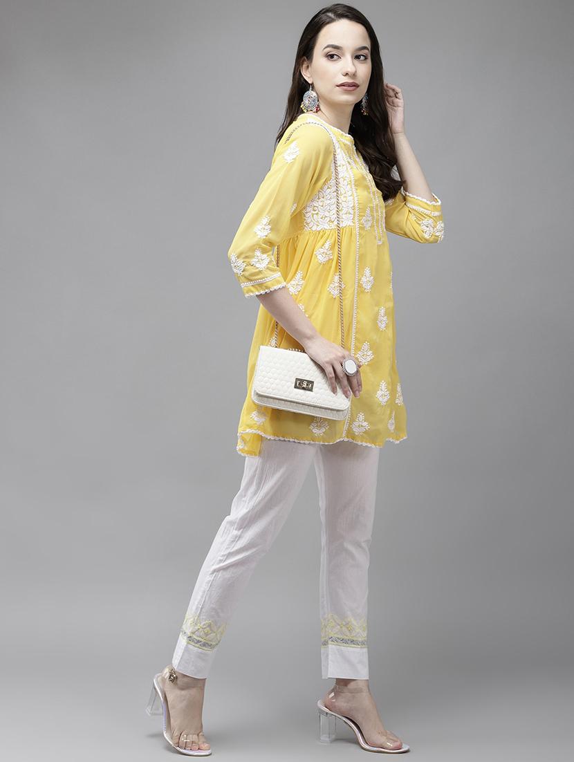 ada hand-embroidered chikankari yellow a-line kurti - 17989387 - Standard Image - 3