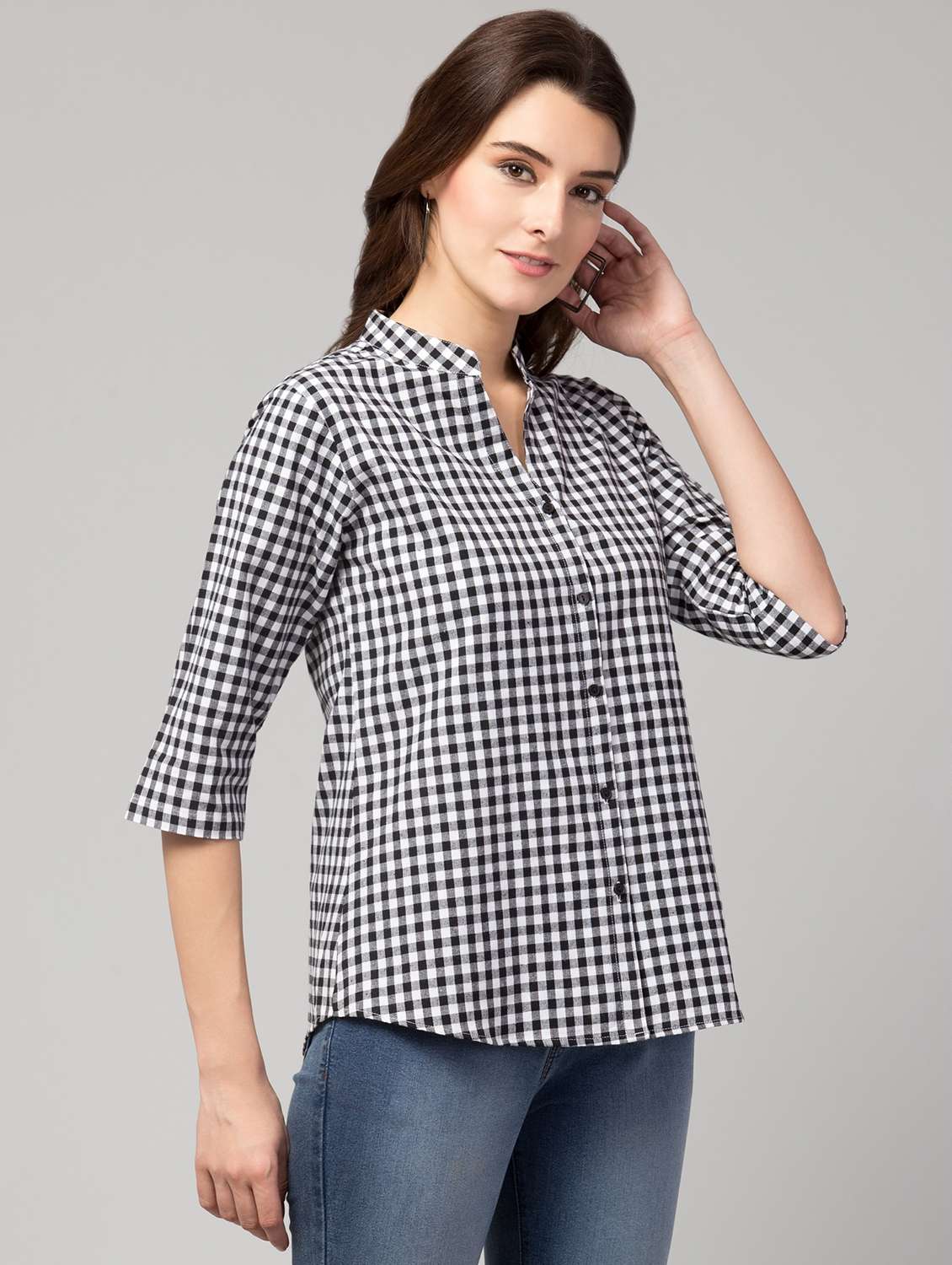 women white checkered straight mandarin neck top - 17994682 -  Standard Image - 3