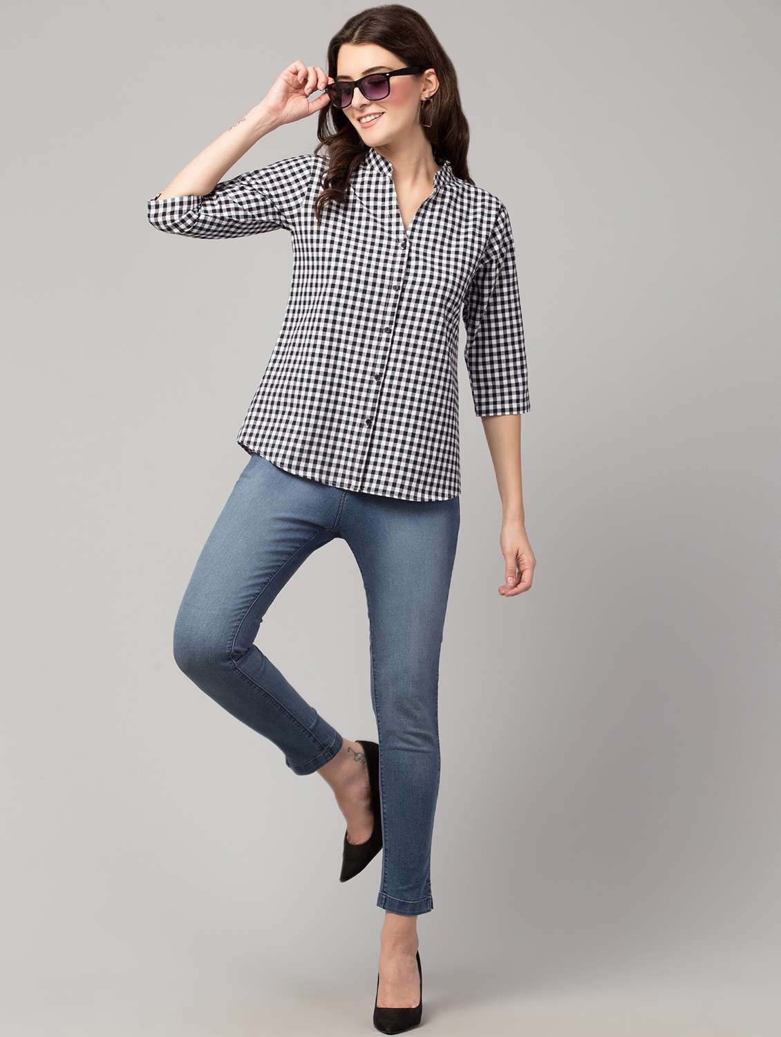 women white checkered straight mandarin neck top - 17994682 -  Standard Image - 5
