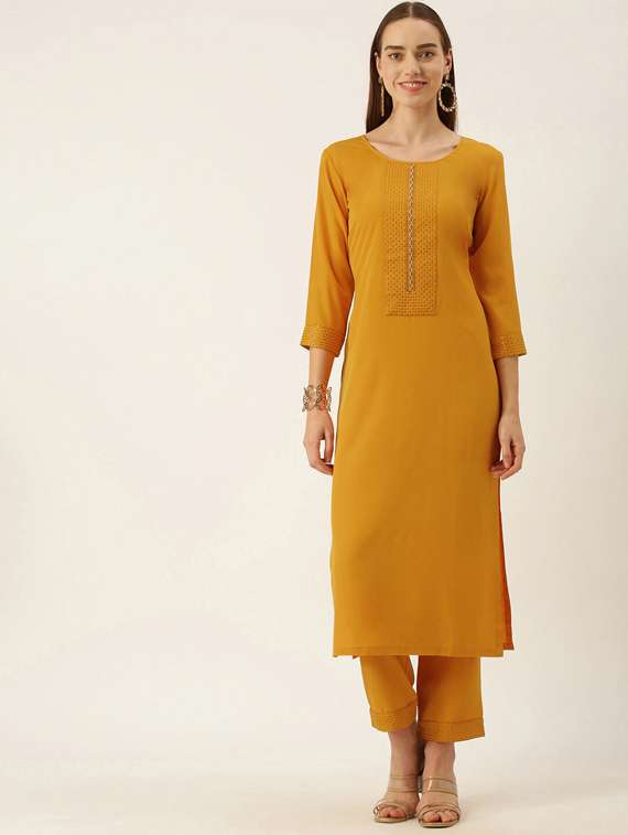 yellow crepe kurta pant  set
