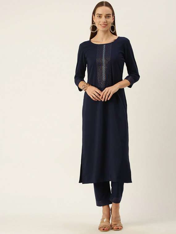 navy crepe kurta pant set - 17995055 - Zoom Image - 0