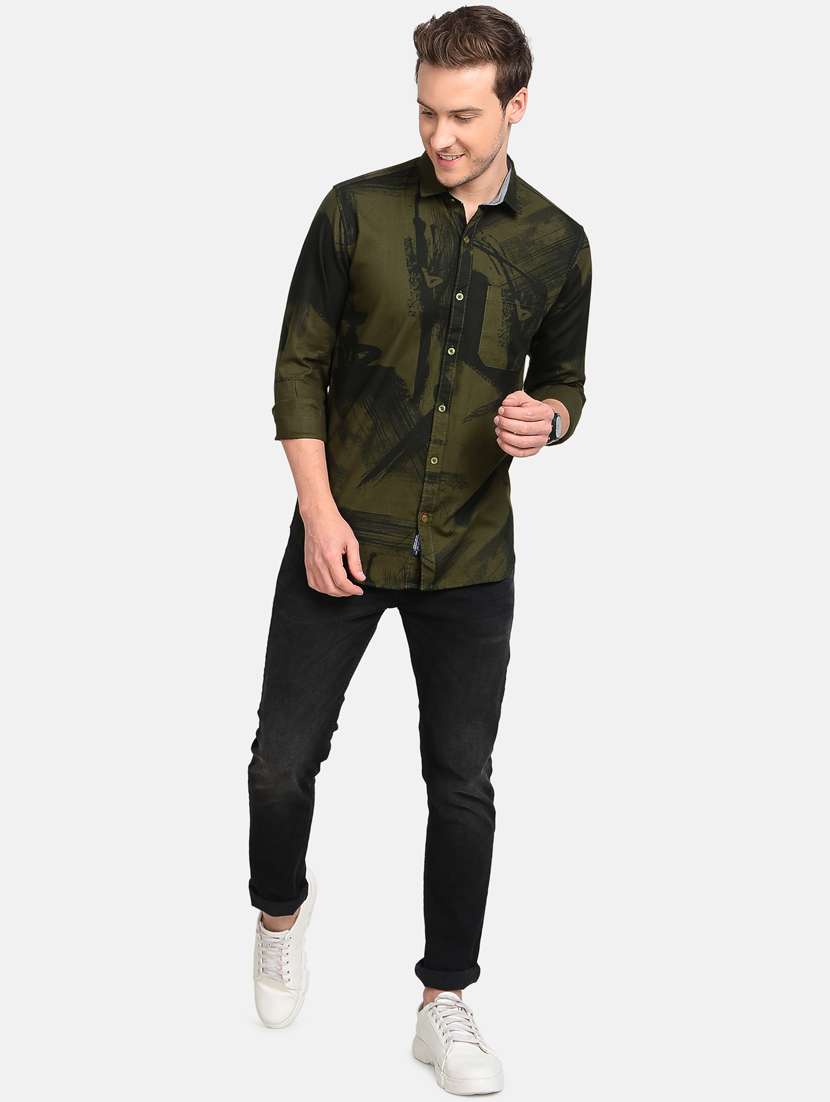 olive green printed casual shirt - 17997826 - Standard Image - 3