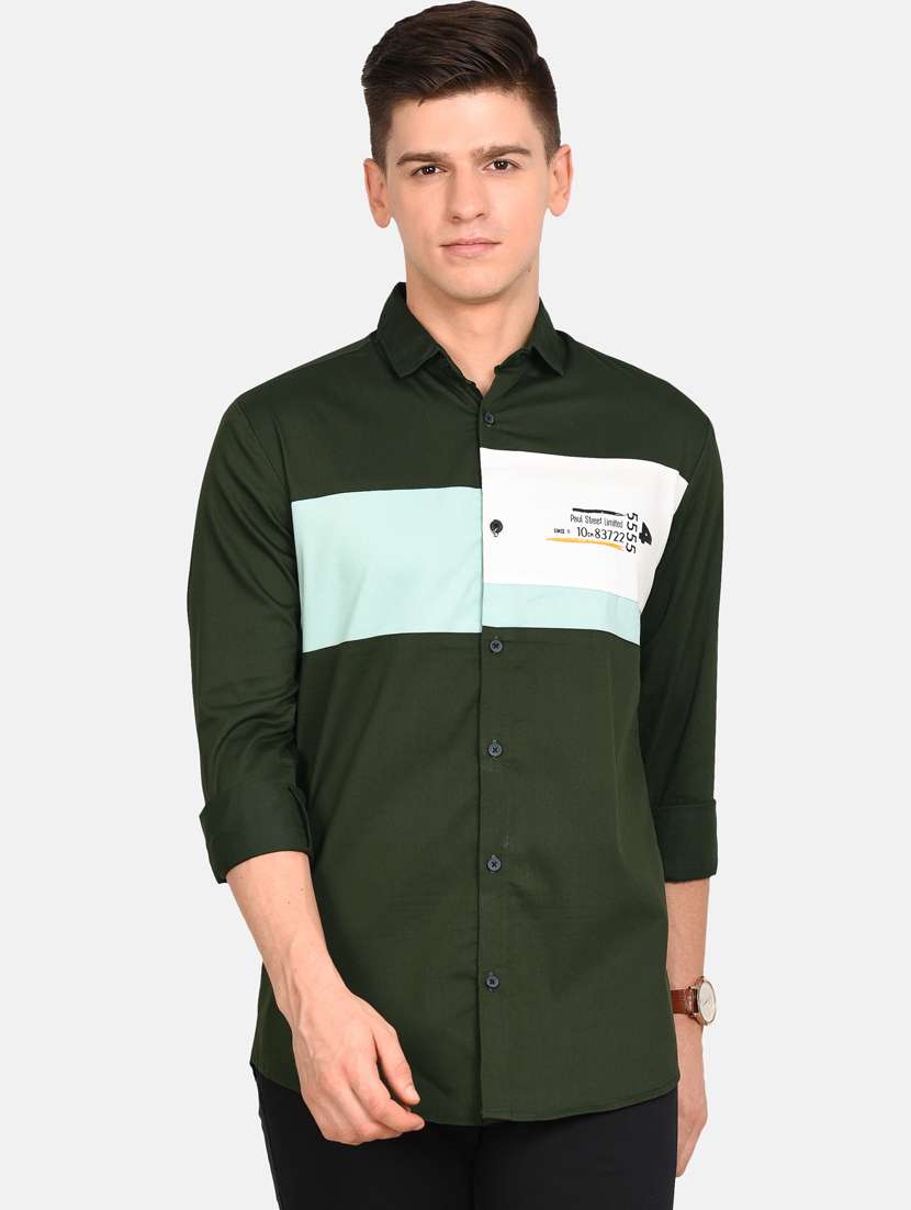 olive green color block casual shirt - 17997833 - Zoom Image - 0
