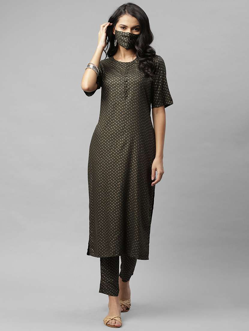 women round neck kurta pant set with mask