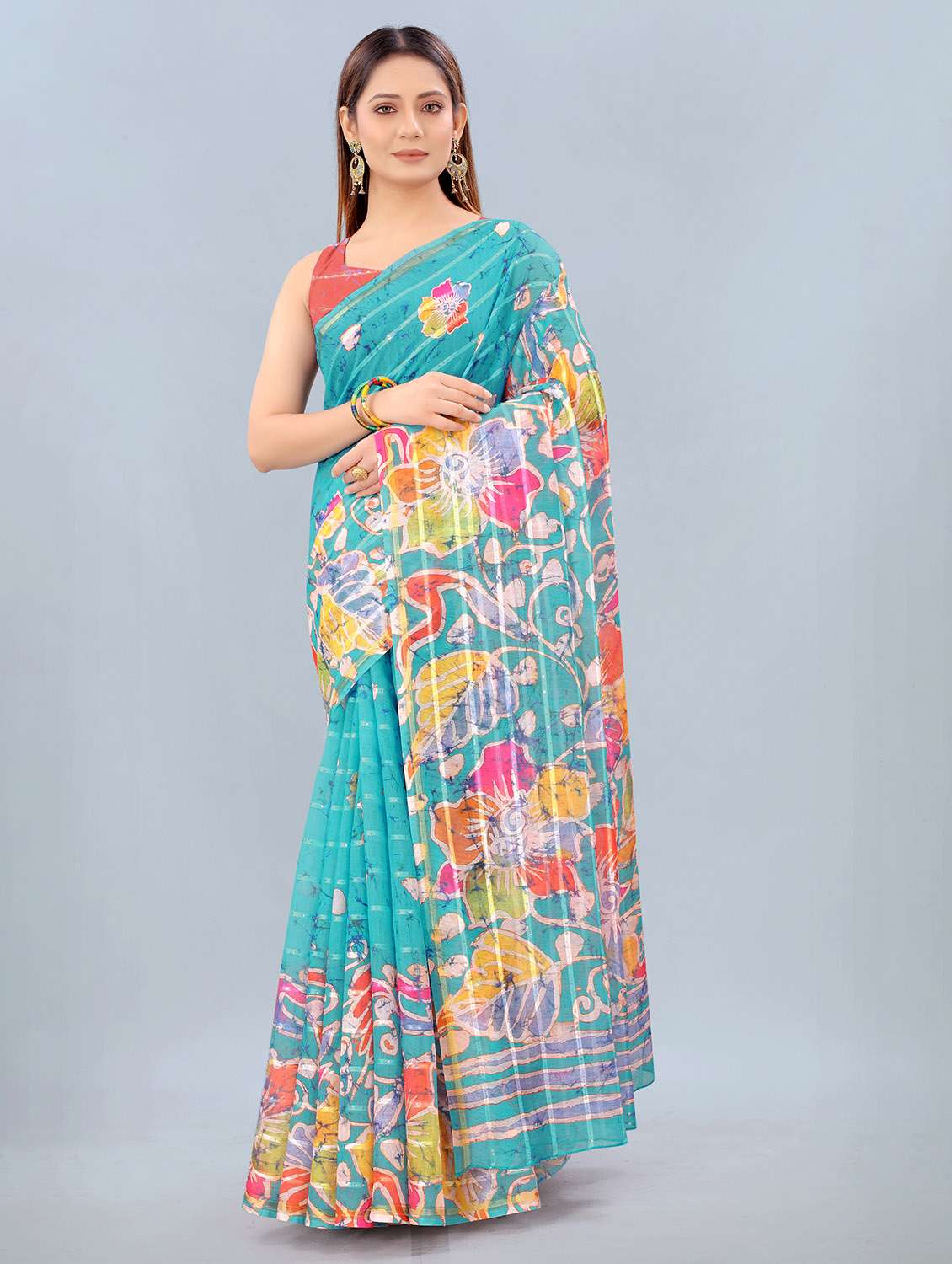 floral print woven saree with blouse