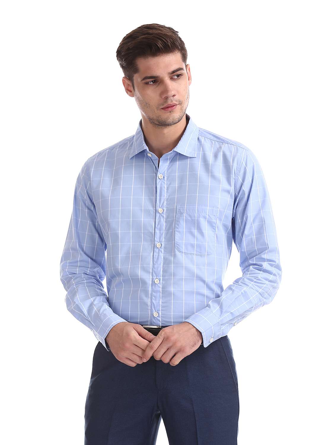 blue checkered formal shirt