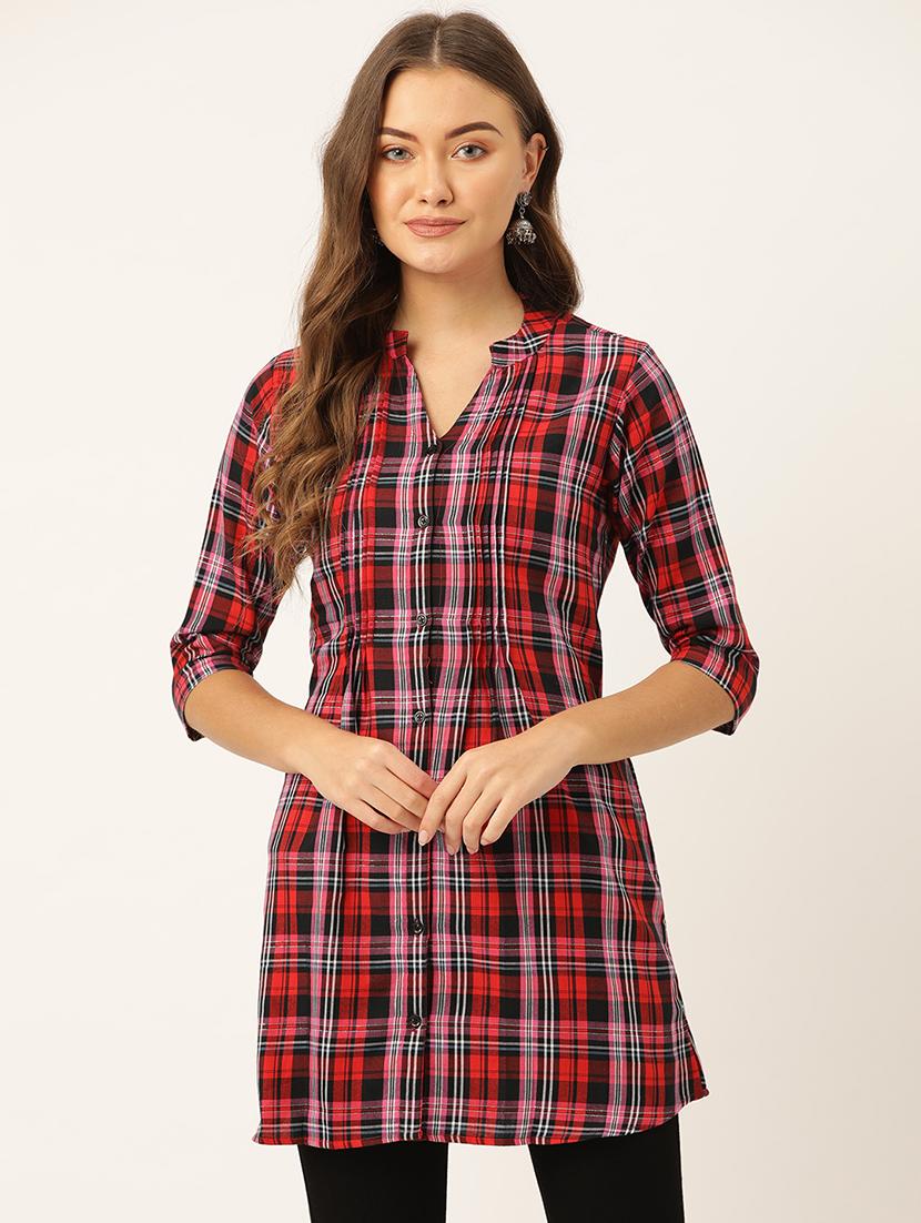 mandarin neck checkered tunic - 18000058 - Zoom Image - 0