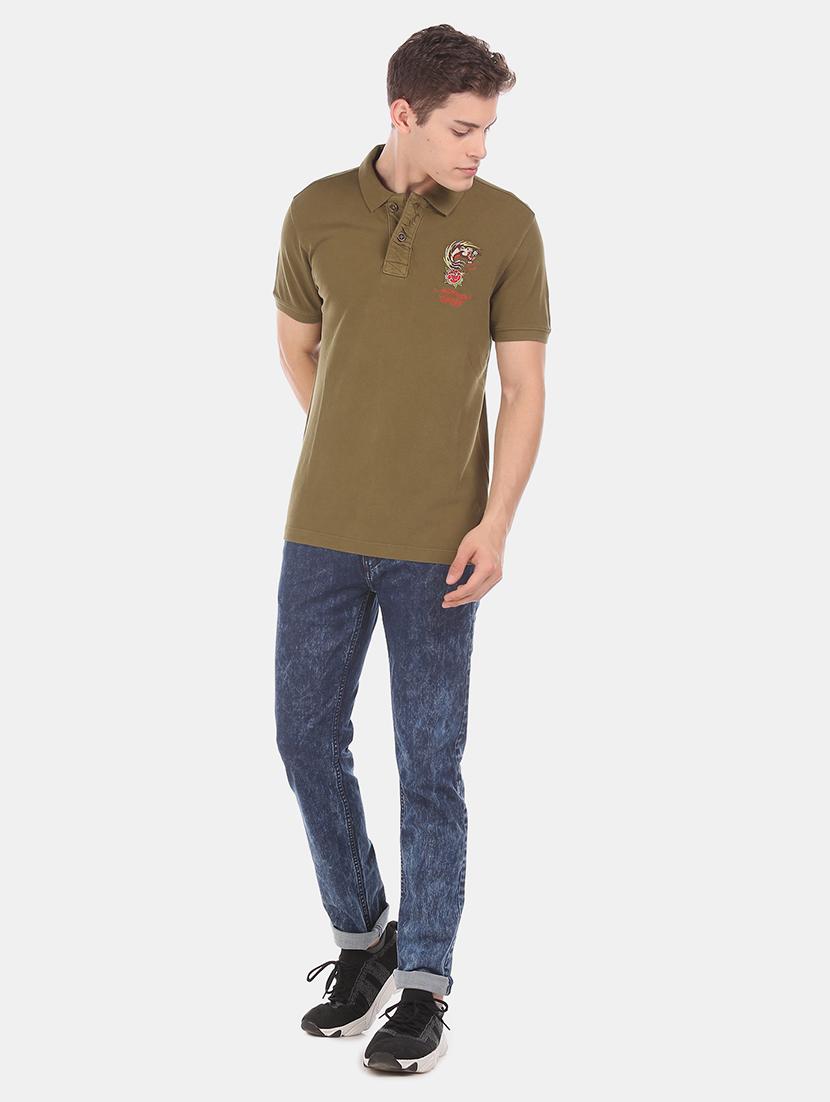 olive green solid polo t-shirt - 18001058 - Standard Image - 3