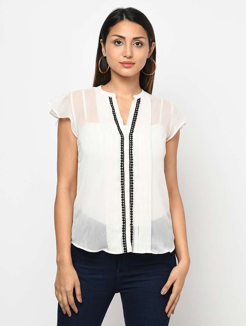 mandarin neck lace detail top - 18003520 - Zoom Image - 0
