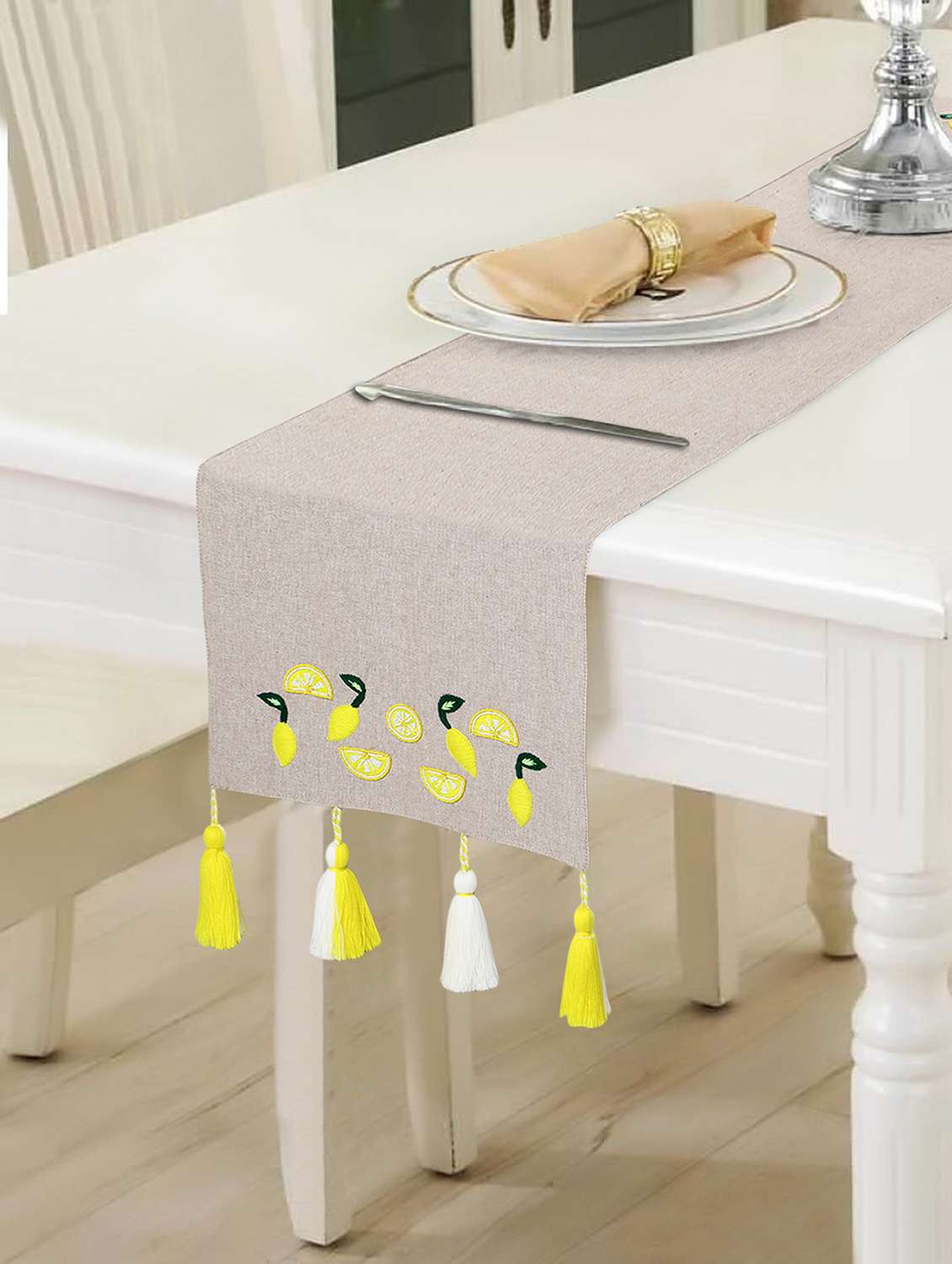 mezposh rustic beige & yellow color cotton chambray quirky embroidered 4 seater table runner with tassels (150x40cm)