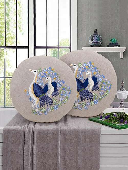 mezposh rustic natural and blue cotton quirky bird embroidered cushion cover (16 dia) set of 2 - 18007140 -  Standard Image - 0