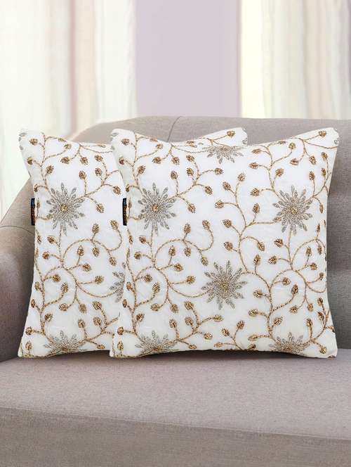 mezposh dazzle white and gold faux silk embellished hand embroidery floral cushion cover (16x16 inch) set of 2 - 18007153 - Standard Image - 0