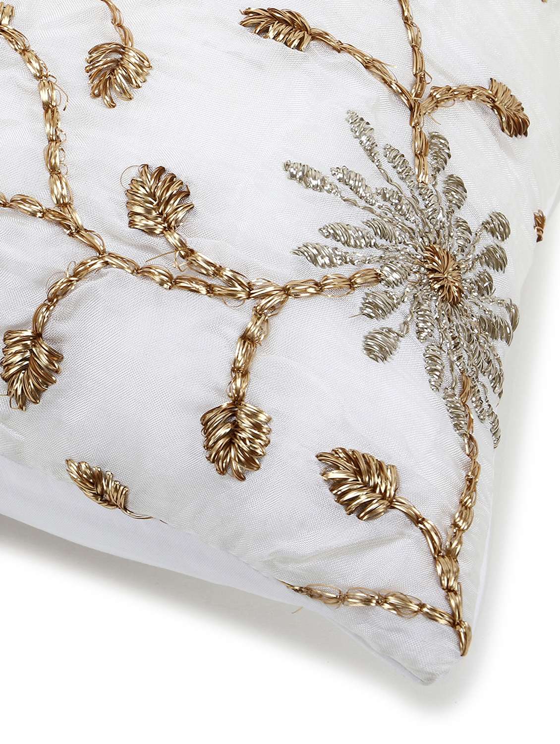 mezposh dazzle white and gold faux silk embellished hand embroidery floral cushion cover (16x16 inch) set of 2 - 18007153 - Standard Image - 5