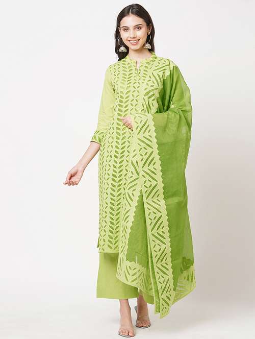 applique work semi-stitched suit set - 18008540 - Standard Image - 0