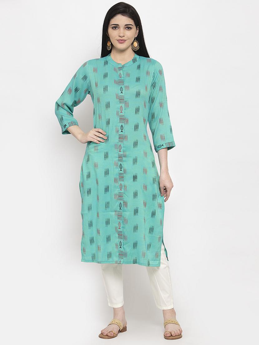 turquoise rayon straight kurta - 18008581 -  Zoom Image - 0