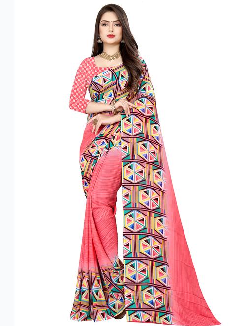 peach georgette printed saree with blouse - 18011690 -  Standard Image - 0