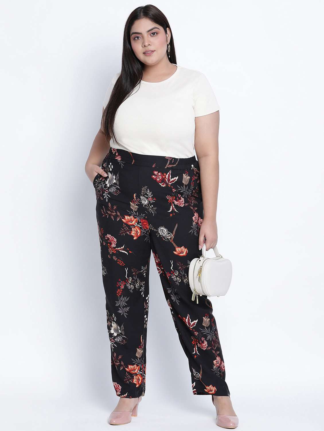 black floral printed plus size trouser - 18013231 - Standard Image - 3