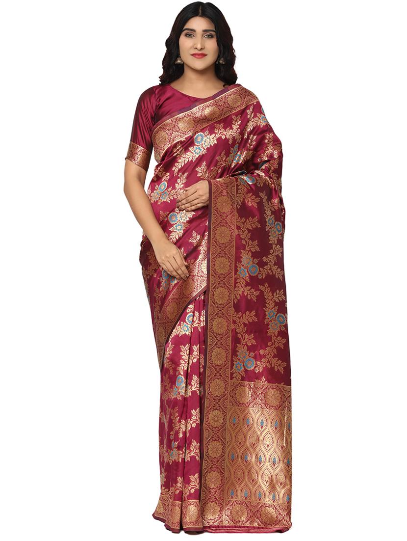 burgundy kanjivaram saree with blouse - 18013611 - Zoom Image - 0