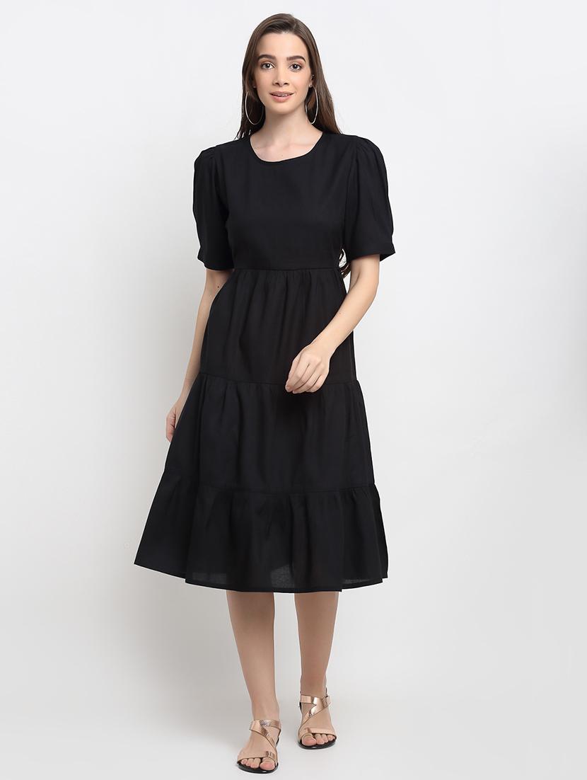 round neck solid fit & flare dress - 18013716 - Zoom Image - 0