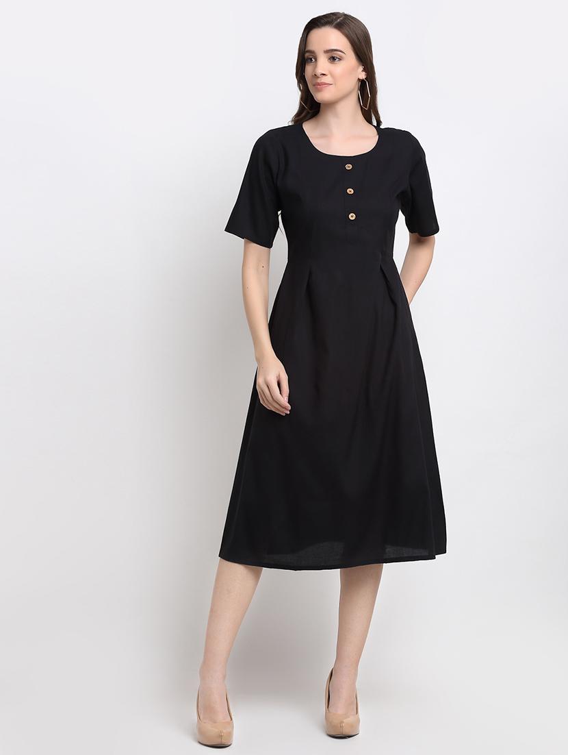 round neck solid fit & flare dress - 18013724 - Zoom Image - 0