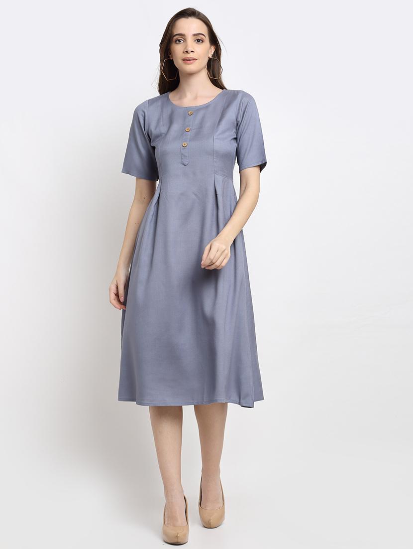 round neck solid fit & flare dress - 18013727 - Zoom Image - 0