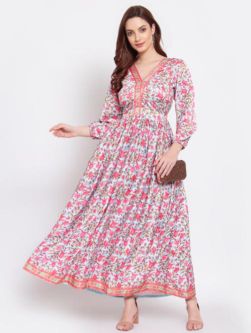 v-neck floral fit & flare ethnic dress - 18015605 - Standard Image - 0