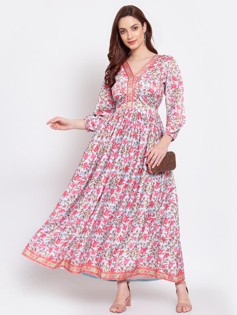 v-neck floral fit & flare ethnic dress - 18015605 - Zoom Image - 0