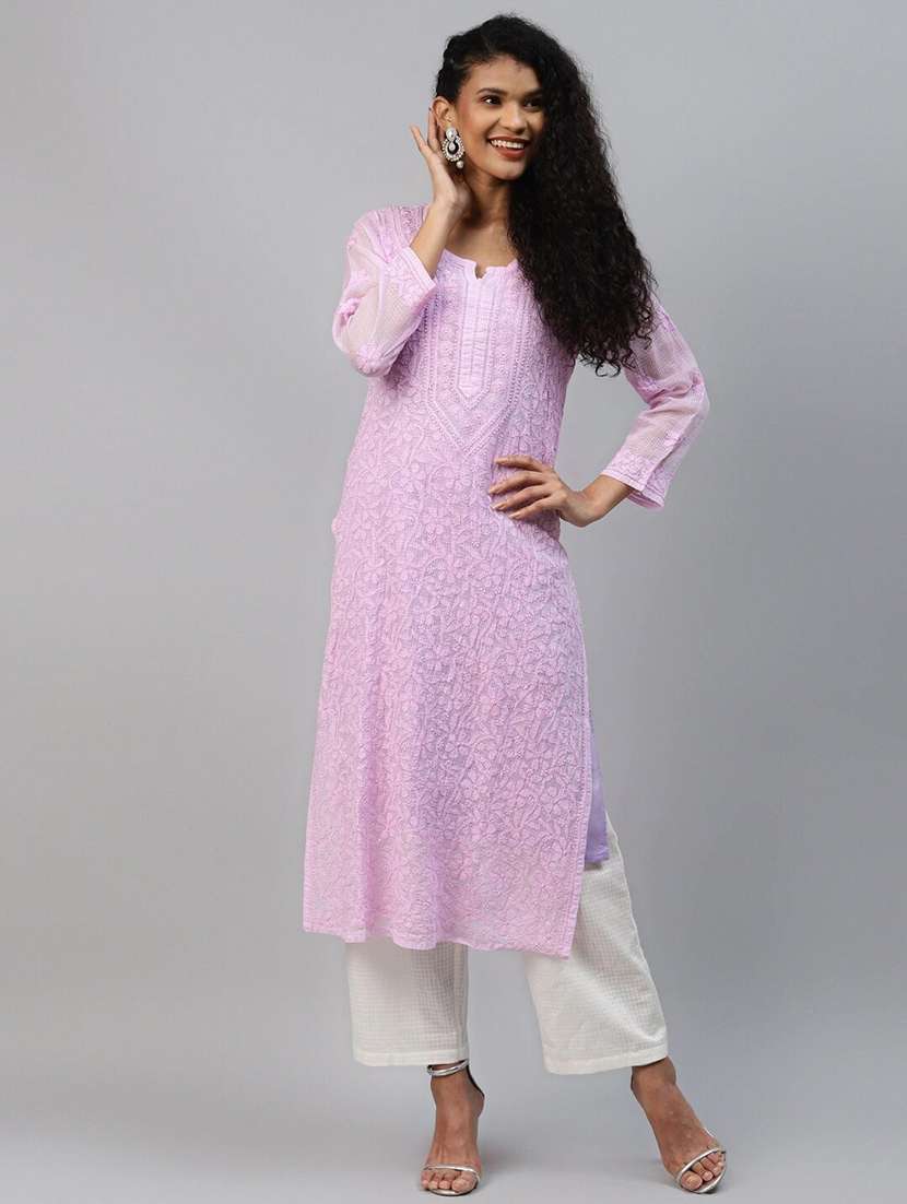 lavender pure kota fabric long chikankari kurta