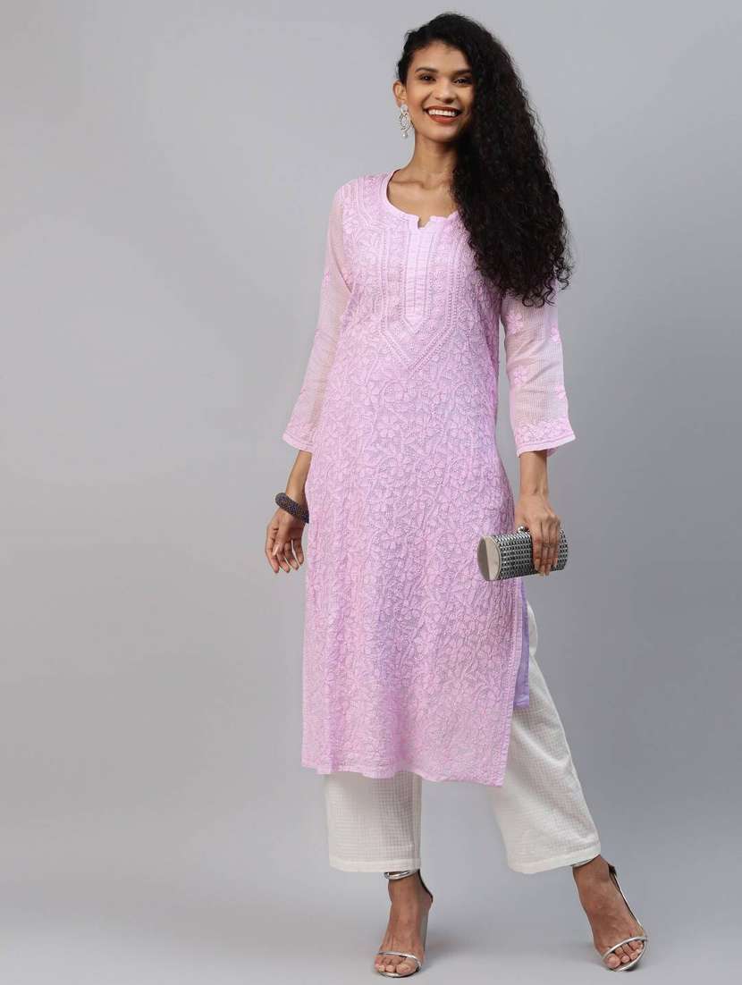 lavender pure kota fabric long chikankari kurta - 18016081 -  Standard Image - 3