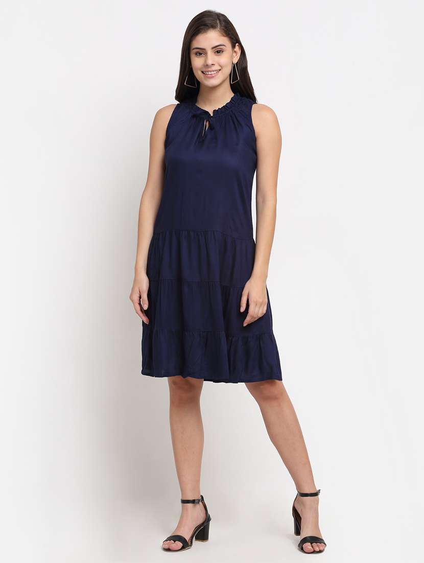 tie up neck solid a-line dress - 18016754 - Zoom Image - 0
