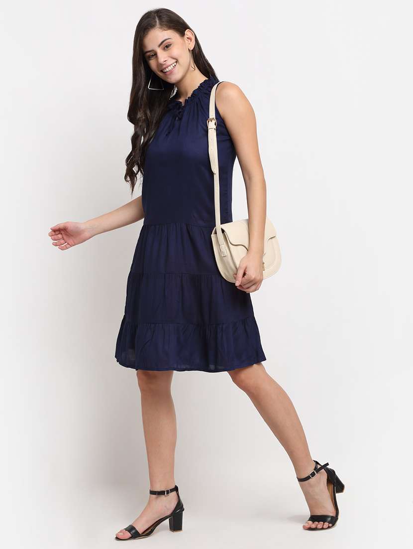 tie up neck solid a-line dress - 18016754 - Standard Image - 3