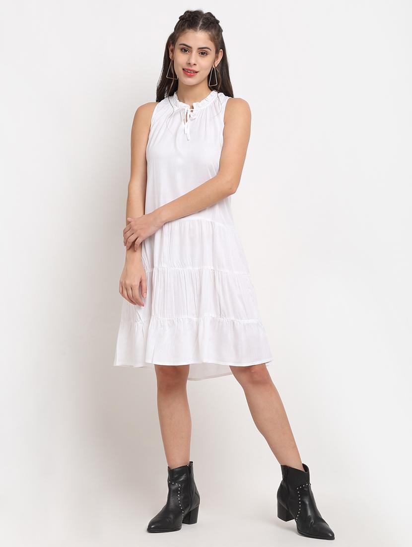 tie up neck solid a-line dress - 18016755 - Zoom Image - 0