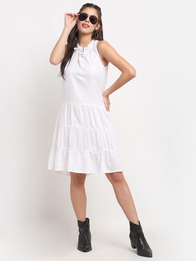 tie up neck solid a-line dress - 18016755 - Standard Image - 3
