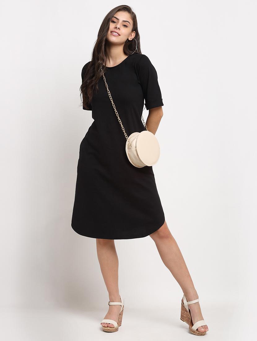 round neck solid a-line dress - 18016756 - Standard Image - 3