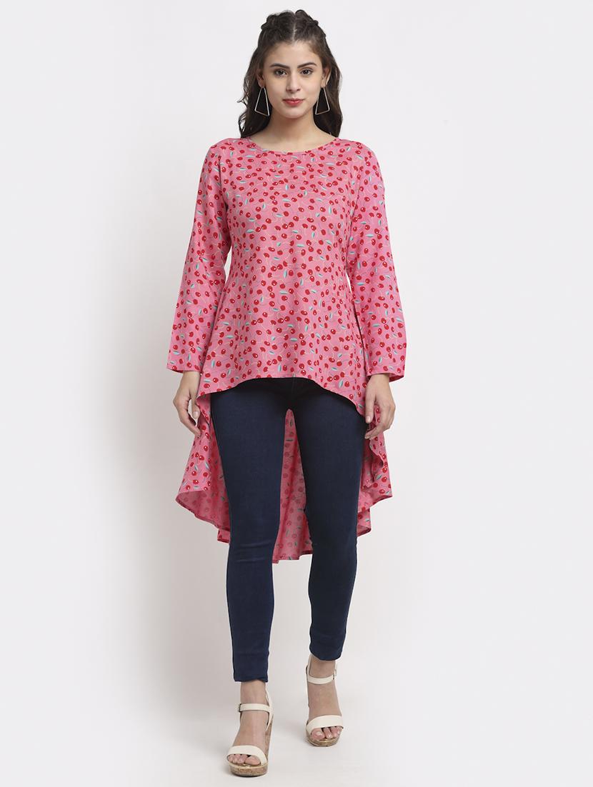 round neck printed high low tunic - 18016789 - Zoom Image - 0