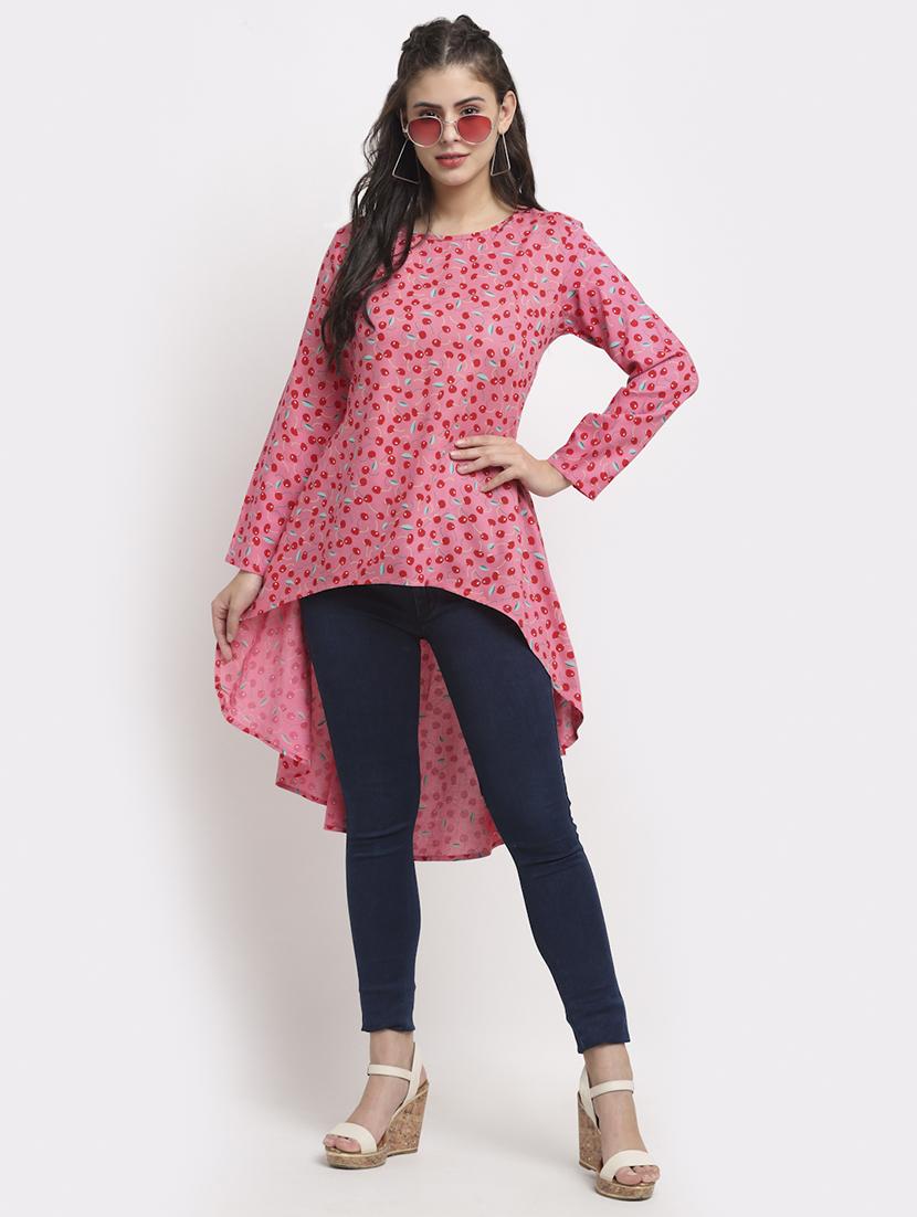 round neck printed high low tunic - 18016789 - Standard Image - 3