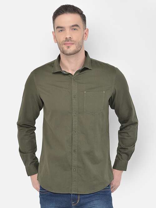 olive green solid casual shirt - 18017687 - Standard Image - 0