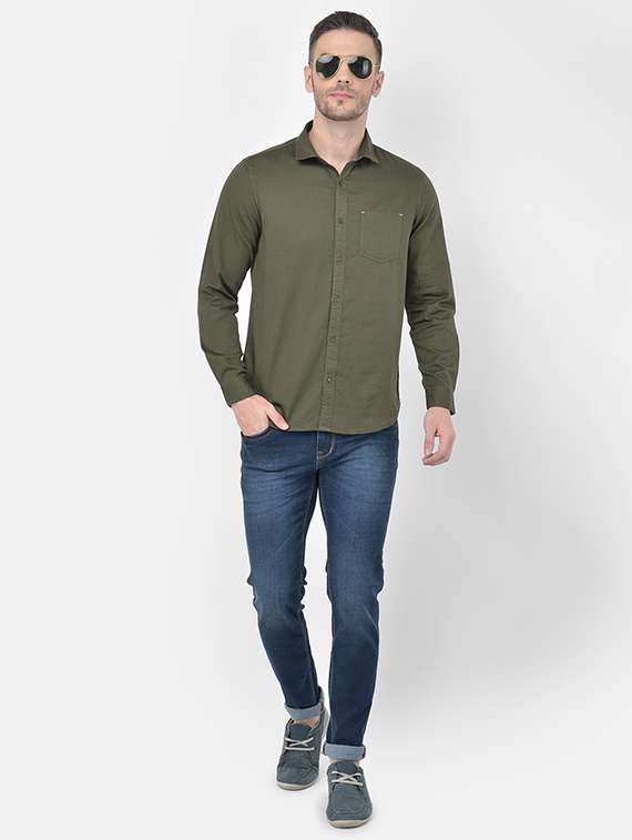 olive green solid casual shirt - 18017687 - Standard Image - 3