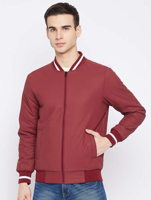 maroon solid bomber jacket - 18021097 - Standard Image - 0