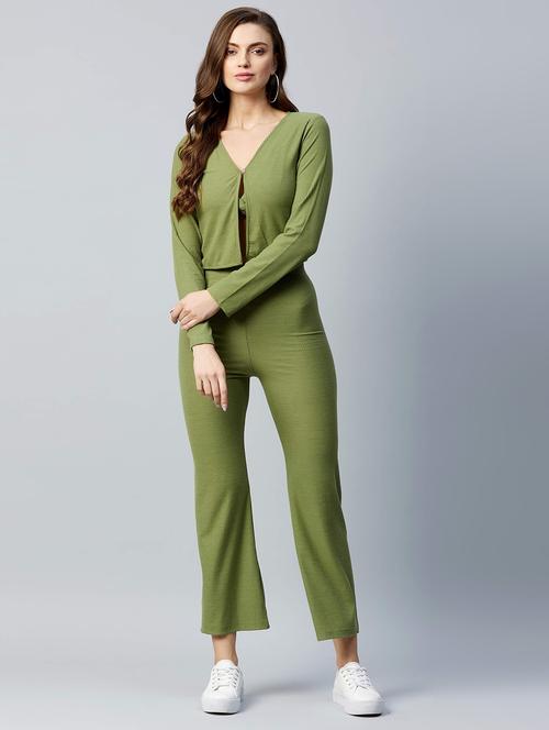 olive green solid trouser set - 18024910 - Standard Image - 0