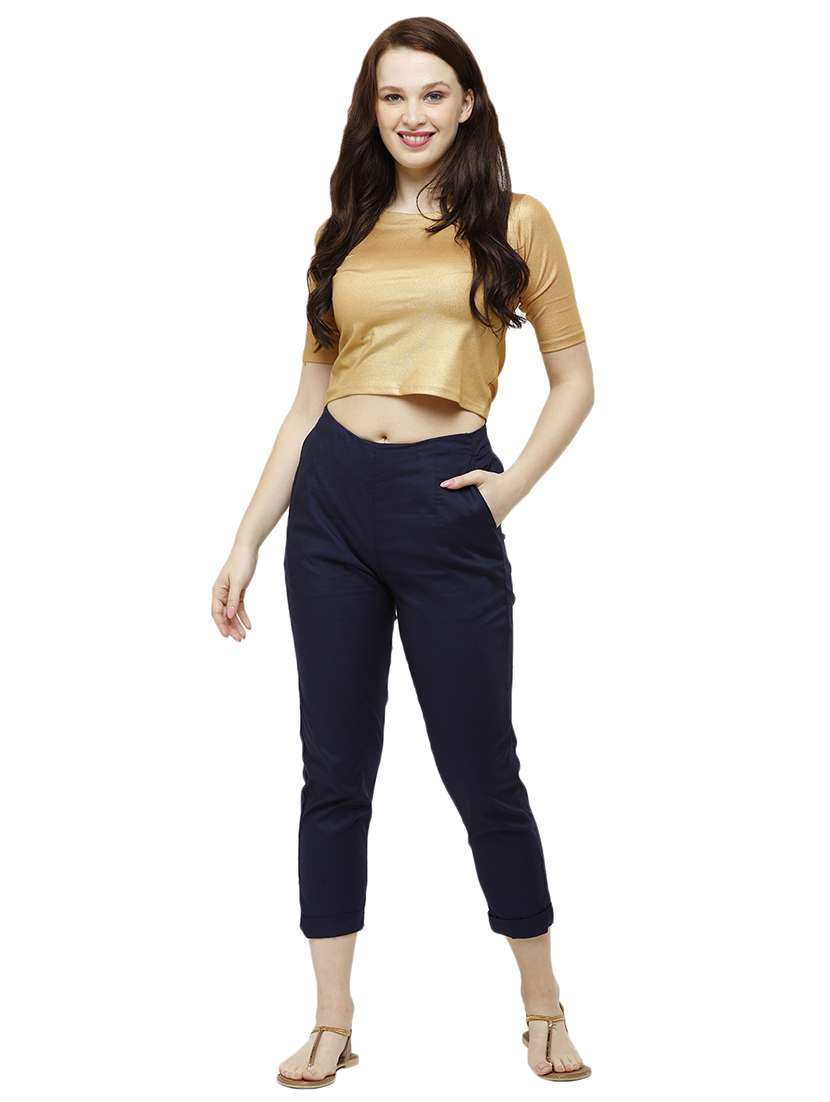 navy blue solid cigarette pants trouser - 18025112 -  Standard Image - 3