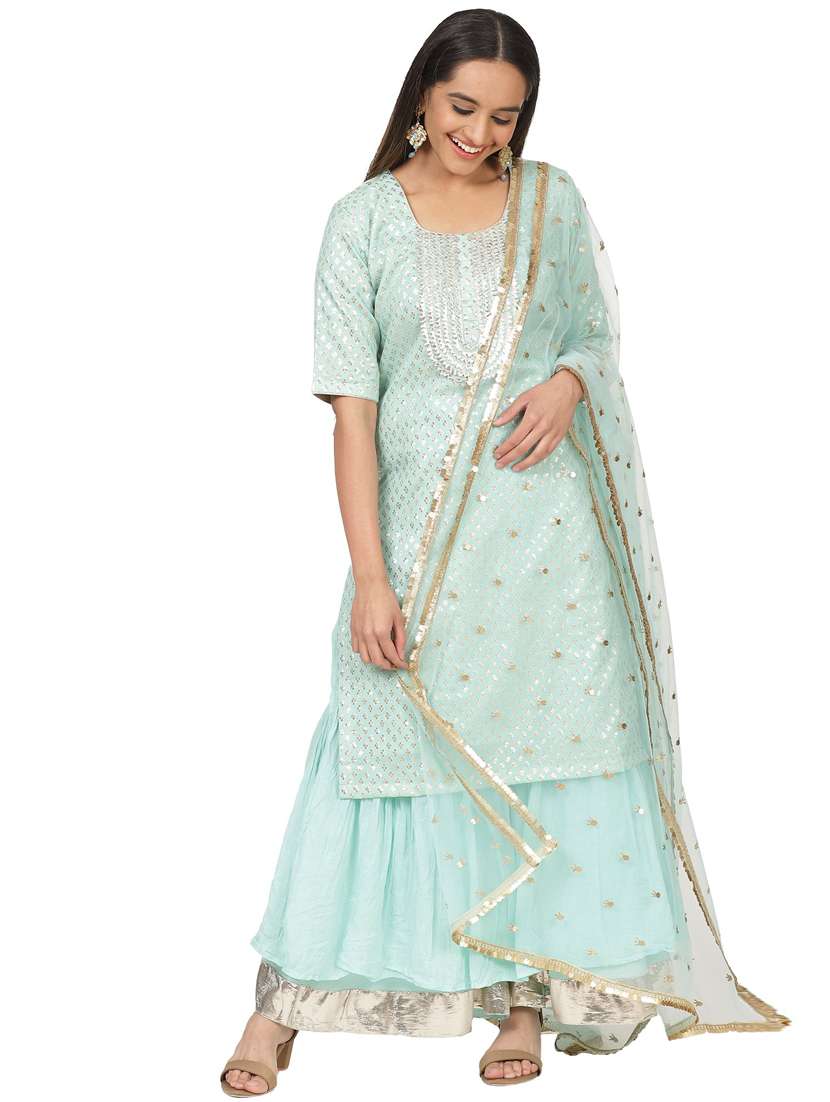 blue cotton blend kurta sharara  set