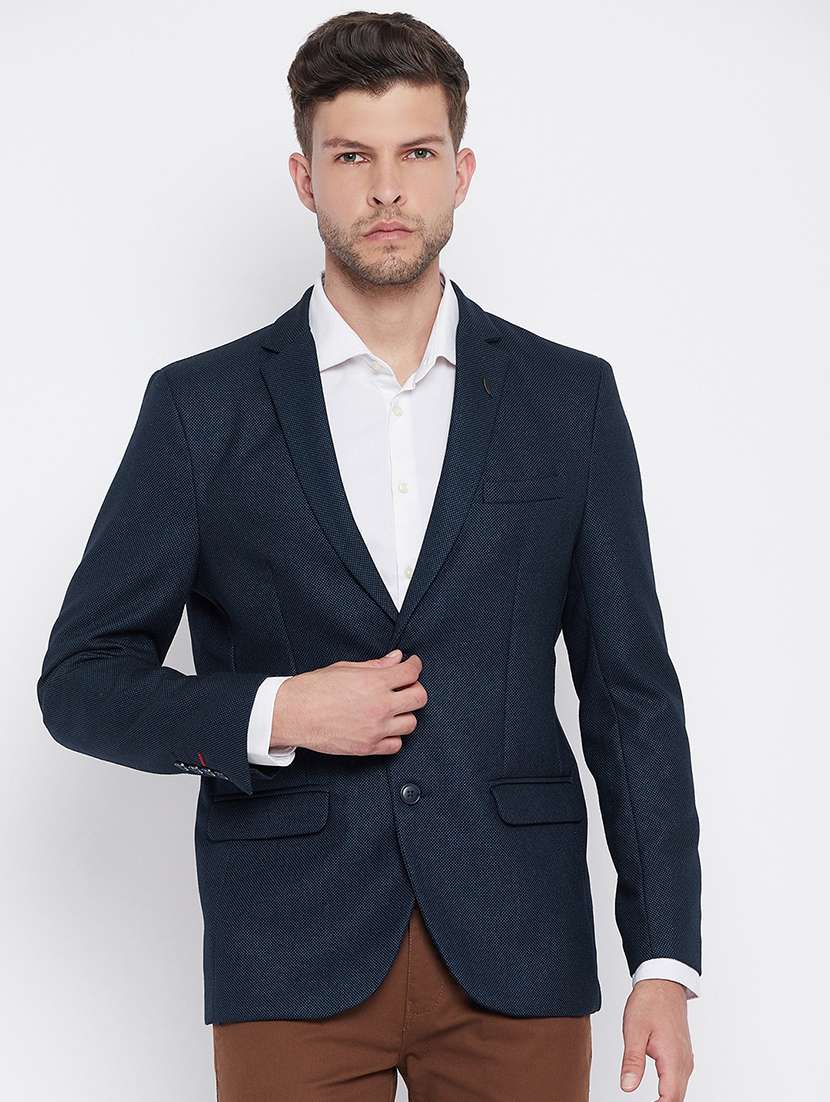 navy blue solid single breasted casual blazer