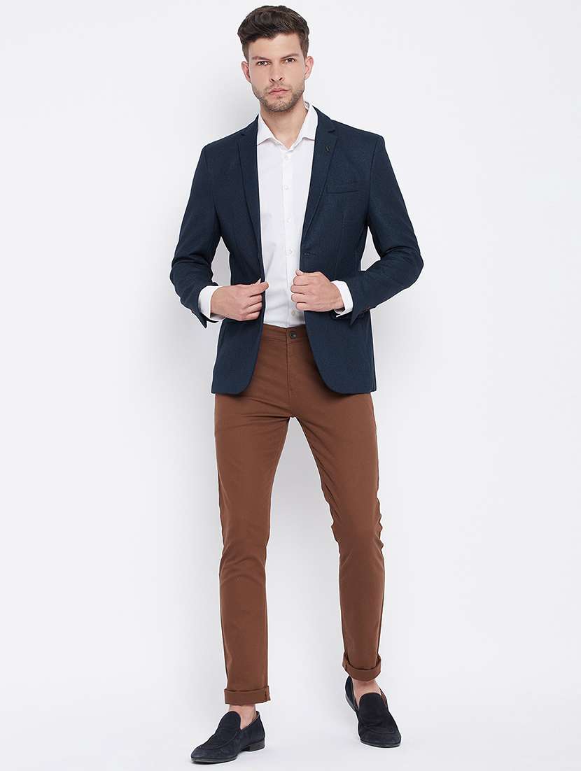 navy blue solid single breasted casual blazer - 18025421 - Standard Image - 3