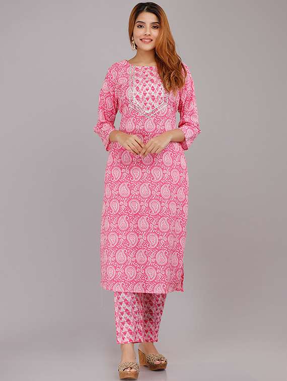 Buy online Pink Cotton Kurta Pant Set 