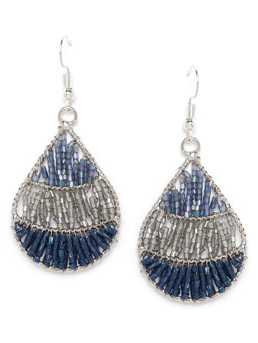 navy blue silver-plated beaded teardrop shaped drop earrings
