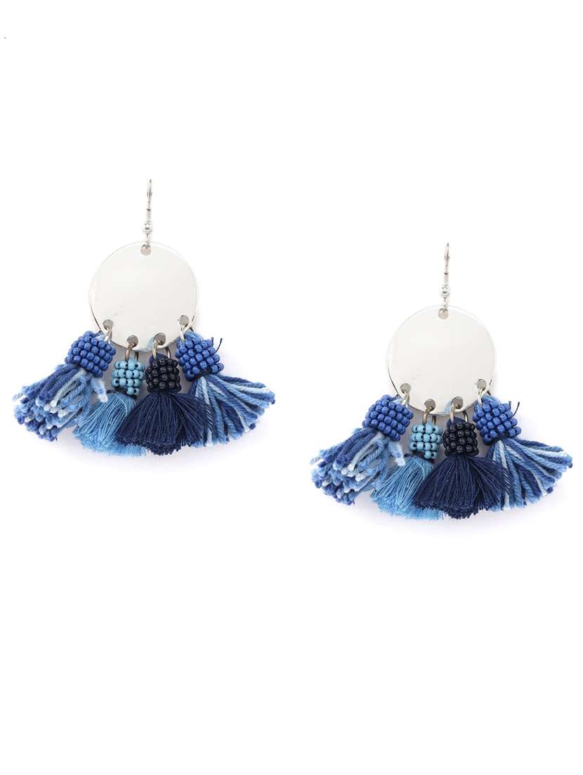 green & beige gold-plated beaded tasseled drop earrings