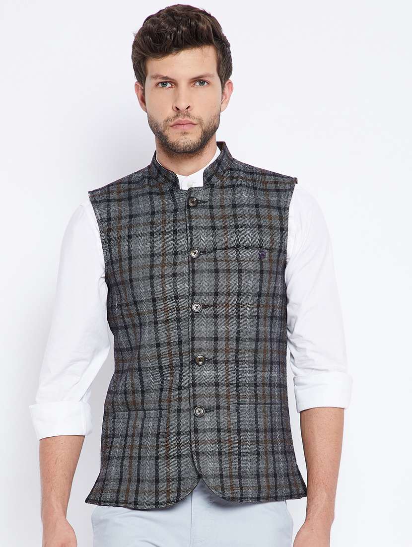 grey checkered nehru jacket