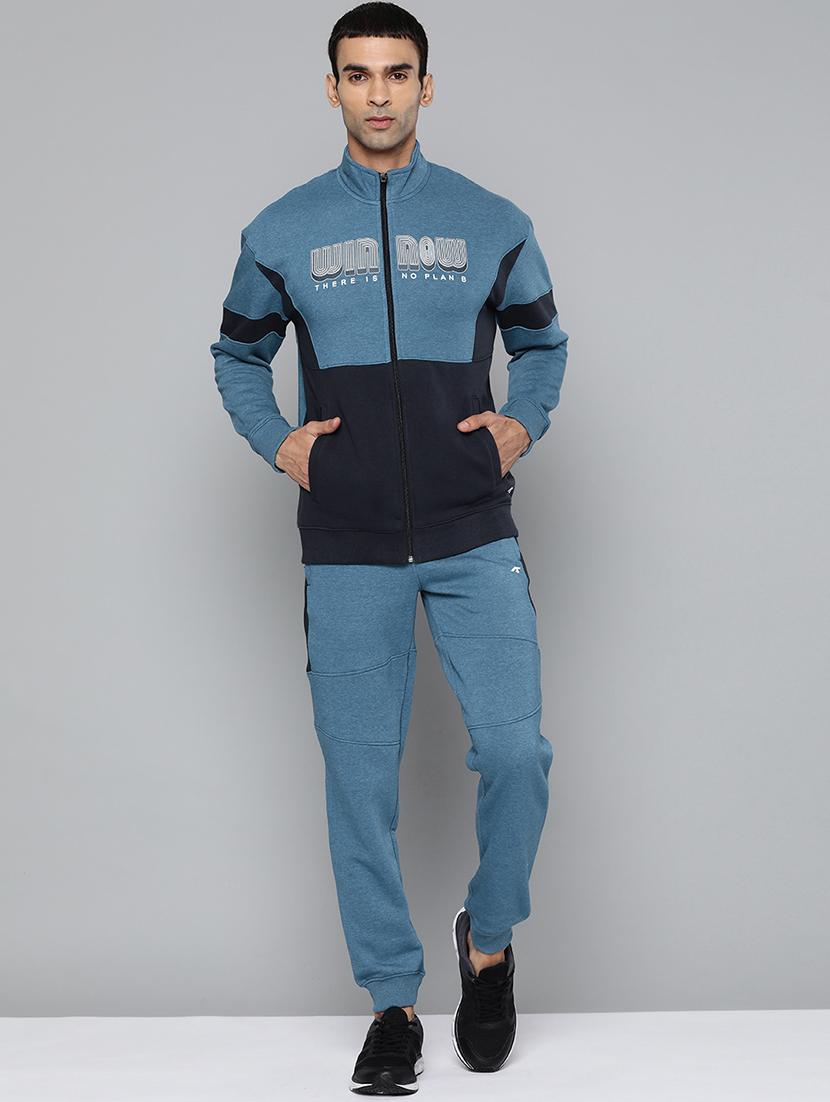 blue color block track suit