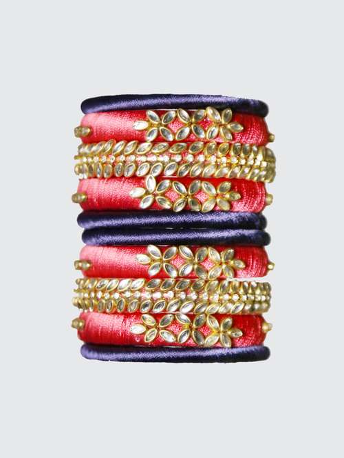  handmade silk thread red kade & blue bangles set of 10 - 18031707 -  Standard Image - 0